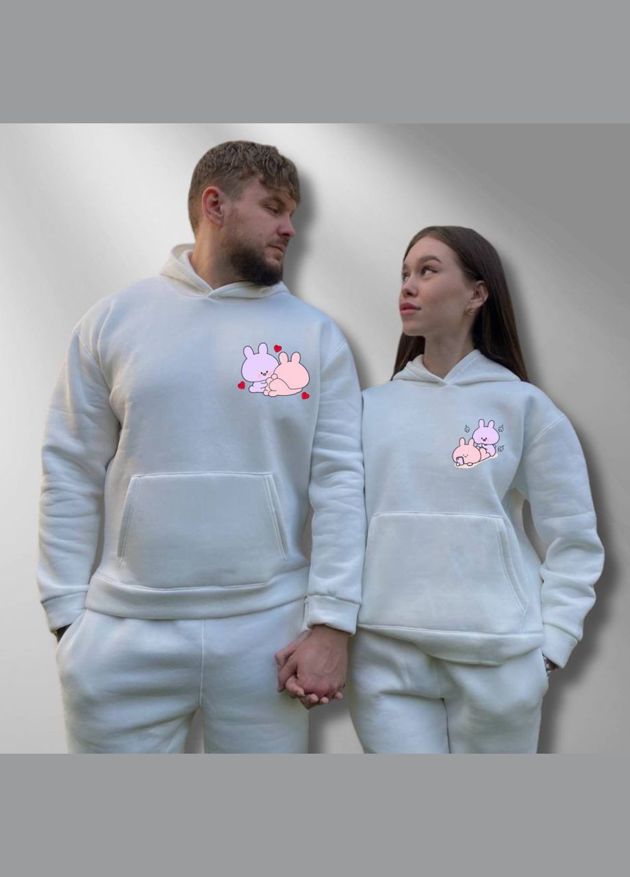 Парні худі з капюшоном утеплені, в білому кольорі, принт "Зайчики" (158) Hand Made (358896034)