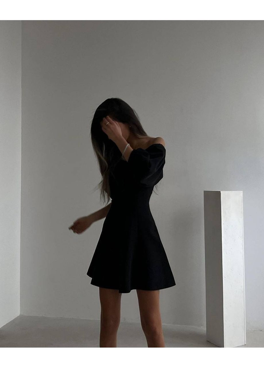 Черное платье мини с пышным рукавом черного цвета 34612 клеш Fashion однотонное