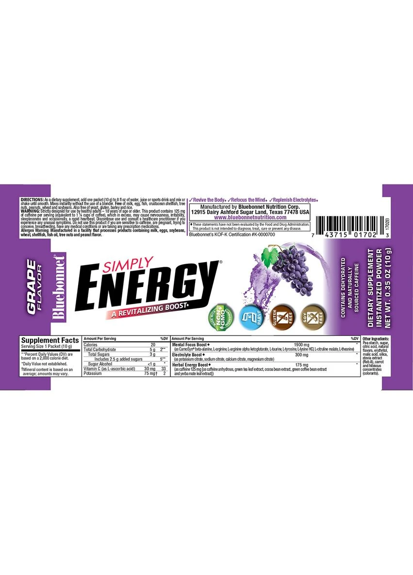 Енергетичний напій в порошку, Смак Винограду,, Simply Energy Grape, 14 пакетиків по 10 г Bluebonnet Nutrition (369741718)