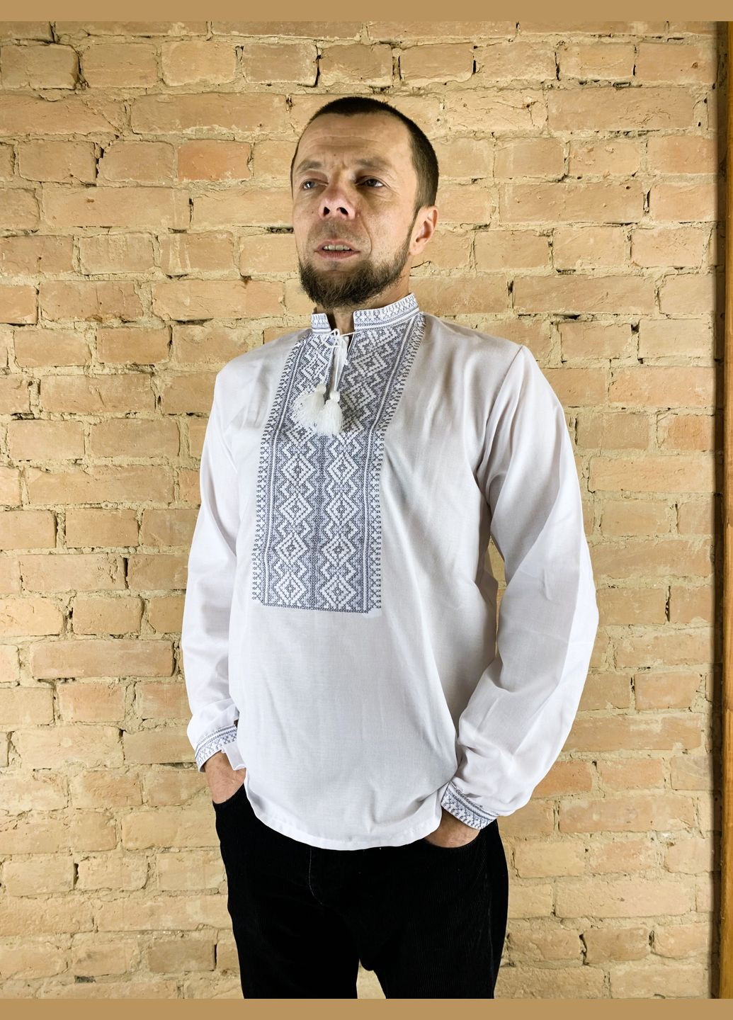 Белая мужская вышиванка гармония 2 длинный рукав НоКо свободная, прямой хлопок (303724278)