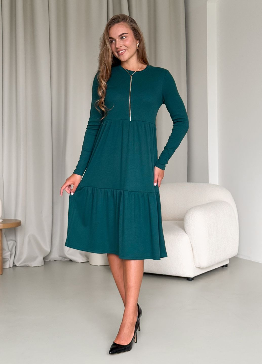 Зеленое повседневный, кэжуал, коктейльное, вечернее свободное демисезонное платье трапеция в рубчик с длинными рукавами (солоха в подарок) клеш Merlini однотонное