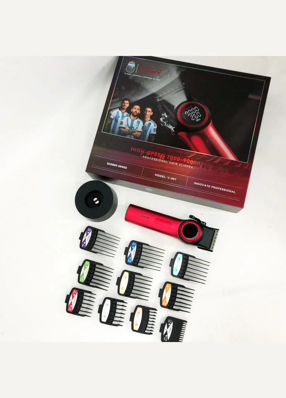 Профессиональная машинка для стрижки волос V-001 RED с дисплеем 9000 об и 10 насадками (1,5-24 мм) VGR (364664293)