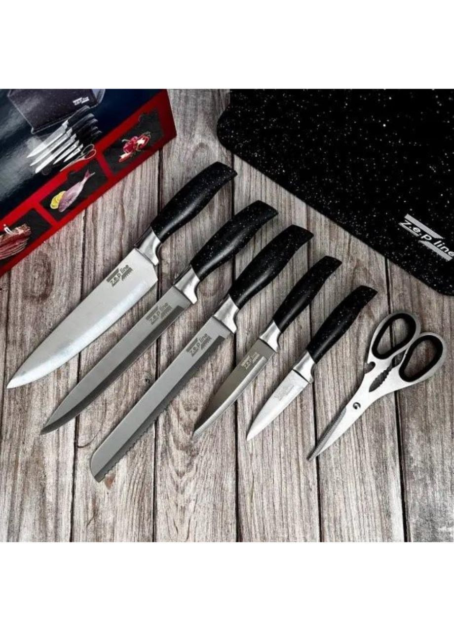Набор кухонных острых ножей 10в1 с дощечками Zepline ZP-043 чёрные, пластик, металл, нержавеющая сталь