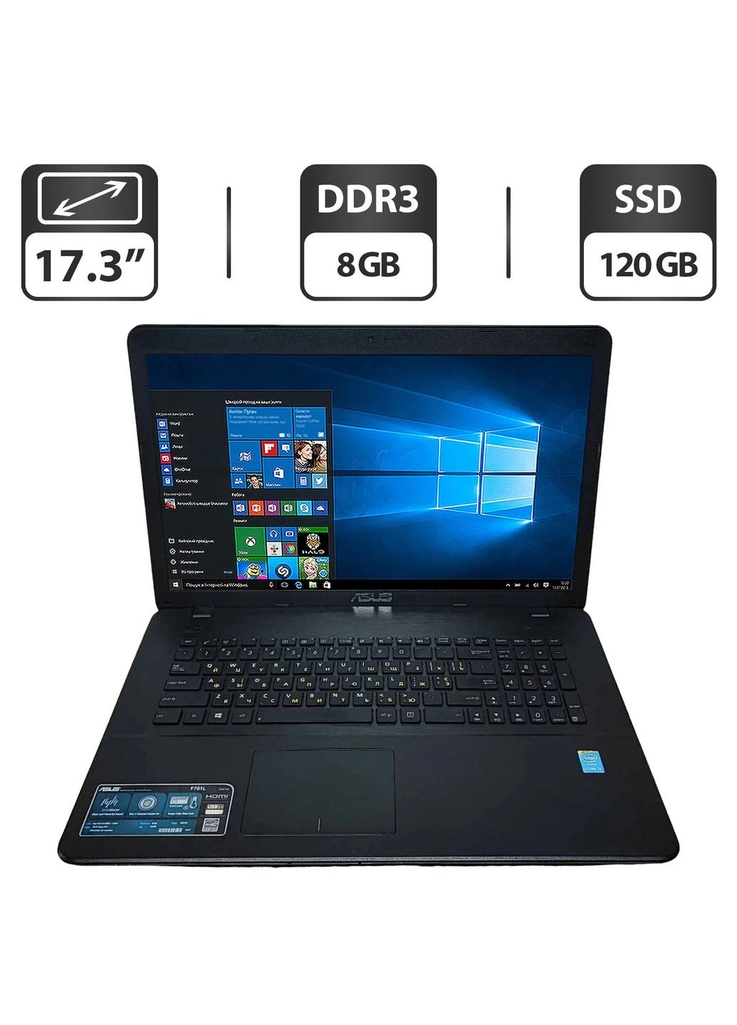 Ноутбук Б-клас F751L / 17.3" (1600x900) TN / Intel Core i3-4030U (2 (4) ядра по 1.9 GHz) / 8 GB DDR3 / 120 GB SSD / Intel HD Asus (398143957)