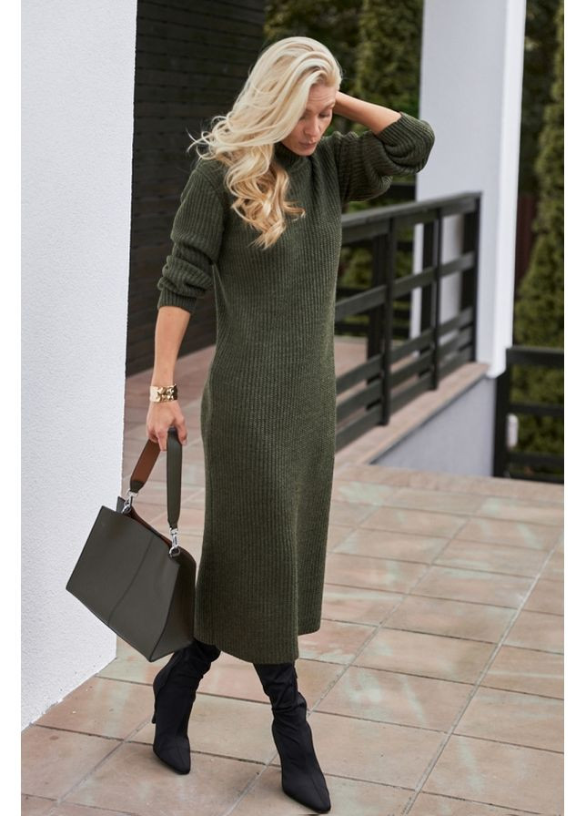 Оливкова (хакі) повсякденний жіноча тепла довга сукня з вовни (2897) Triko Bakh