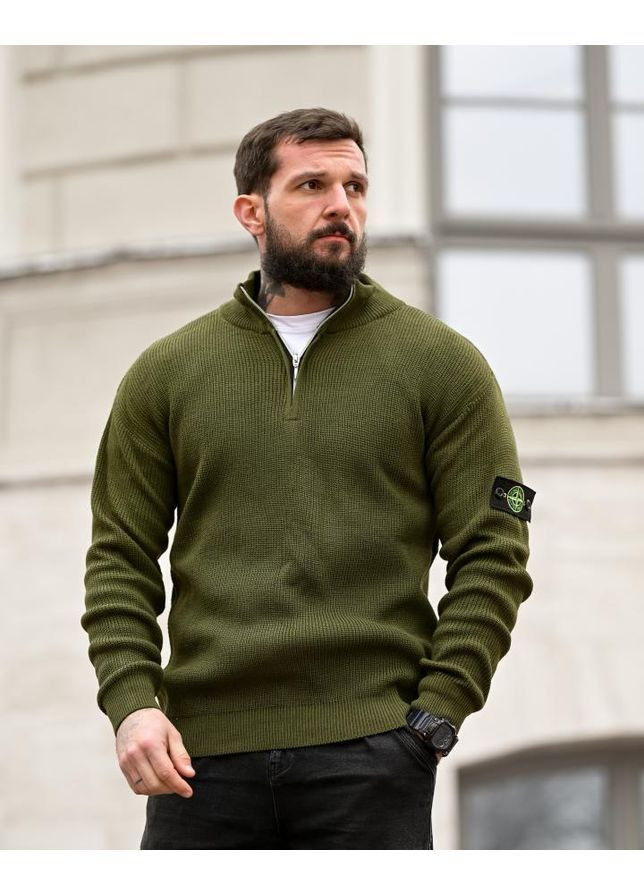 Оливковый мужской вязанный свитер stone island half-zip (370589565)