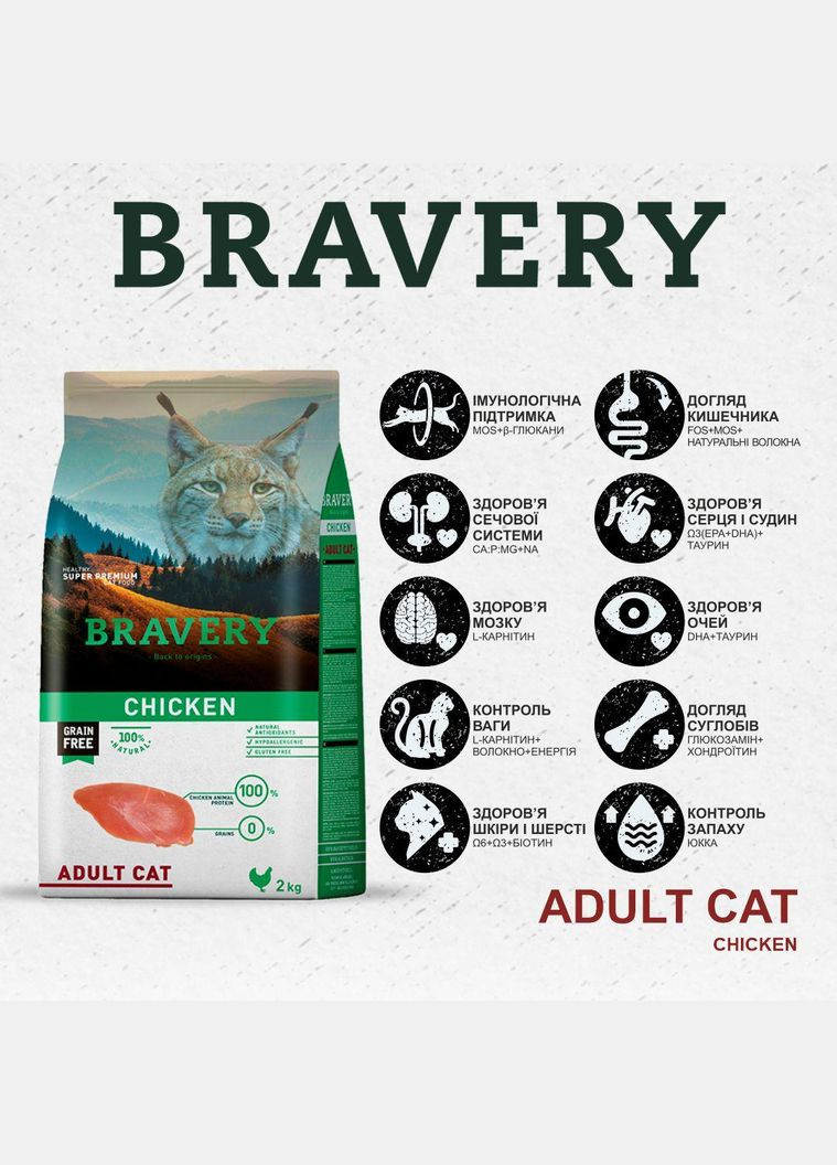 Сухий корм для кішок Chicken Adult Cat з куркою, 2 кг (*) Bravery (304547713)