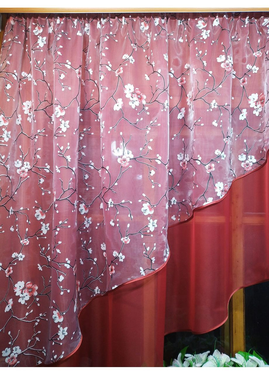 Занавеска арка короткая готовая Ника бордо сакура красная левая No Brand (372134082)
