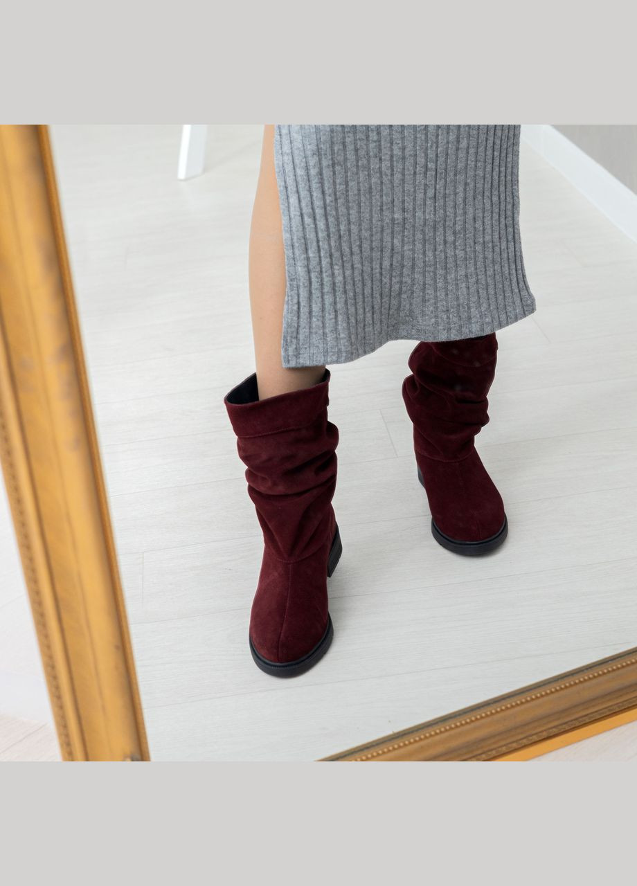 Комбіновані бордові жіночі замшеві зимові чобітки на невеликому підборі. розміри 36-41 No Brand