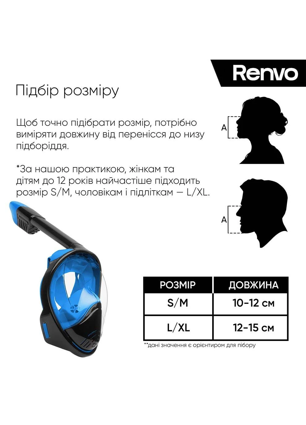 Полнолицевая маска для снорклинга Alas панорамная с трубкой Синий, Черный Renvo (395621280)