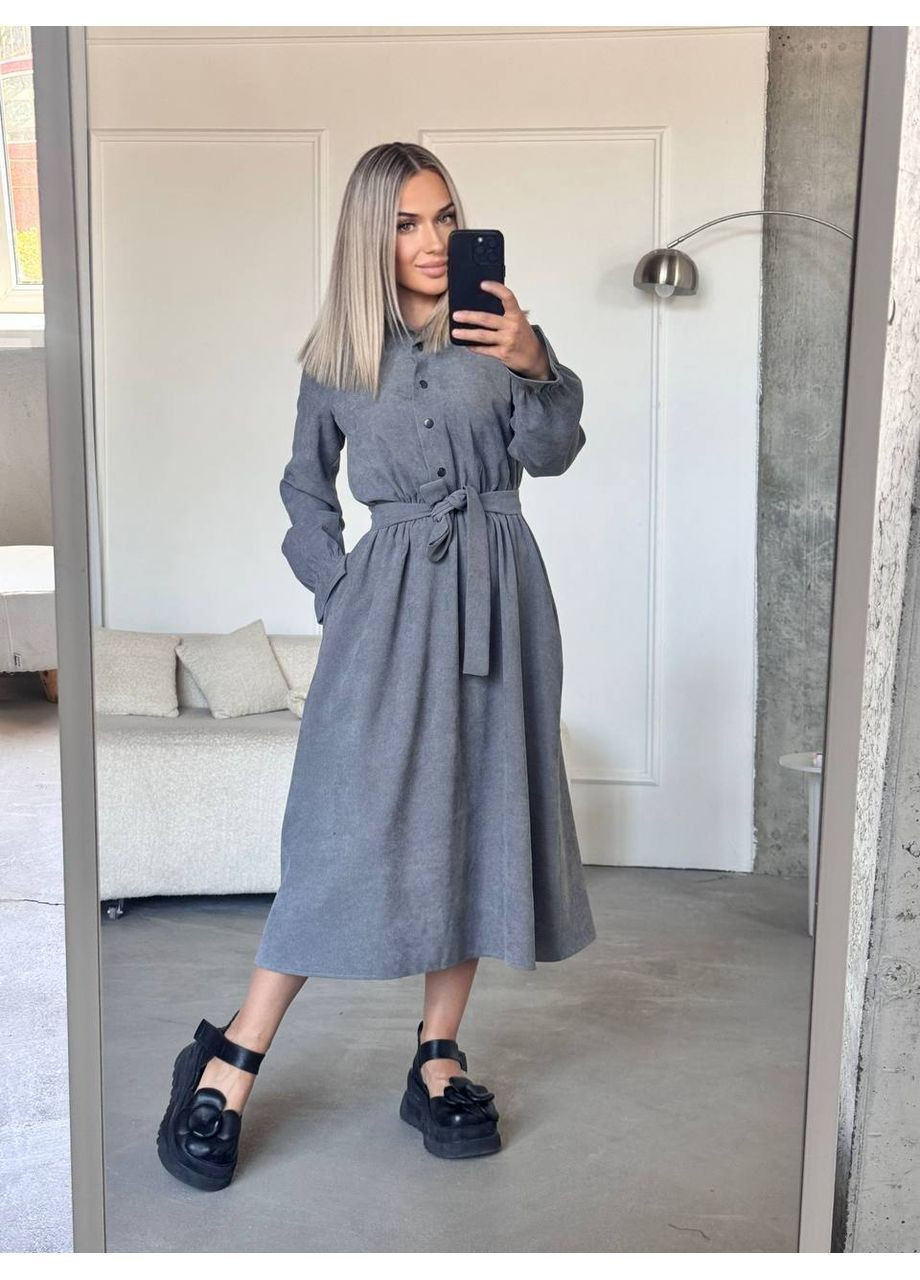 Серое платье меди вельвет на х/б основе, длинные рукава, с карманами и поясом Україна