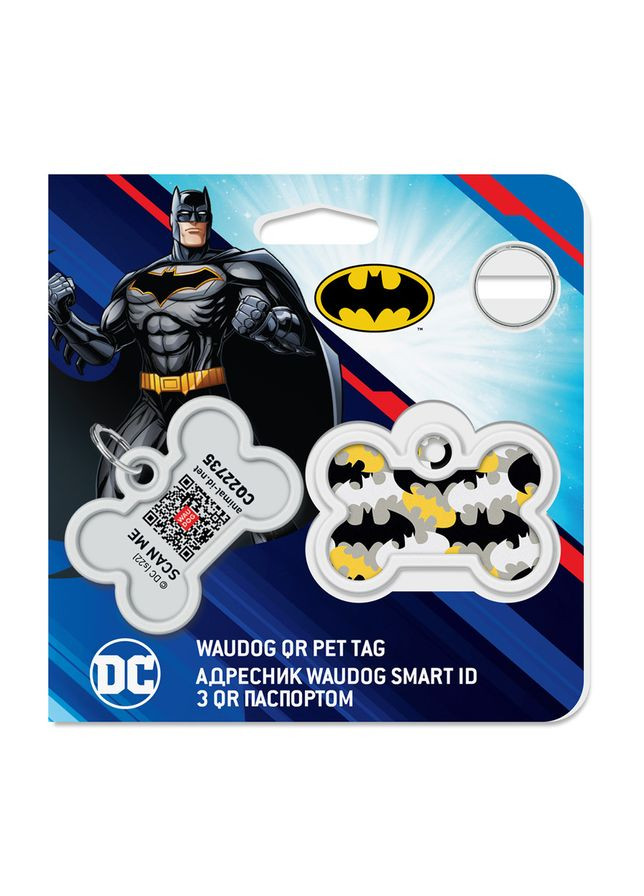 Адресник для собак и котов металлический Smart ID с QR паспортом, рисунок "Бэтмен узор", кость, Дл 40 мм, Ш 28 мм WAUDOG (365061915)