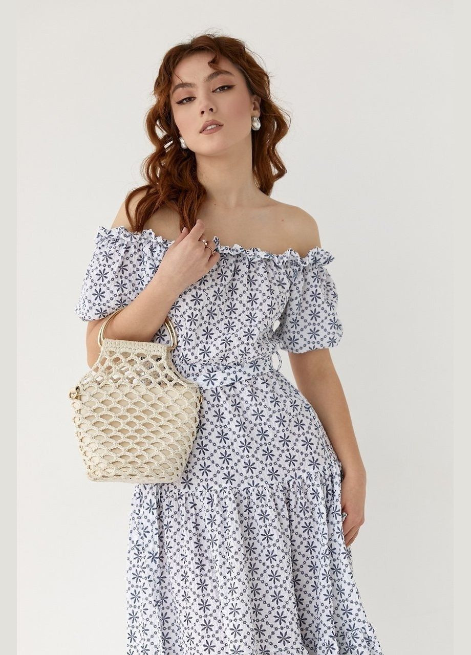 Молочное повседневный летнее платье миди с открытыми плечами 6080 Lurex с цветочным принтом