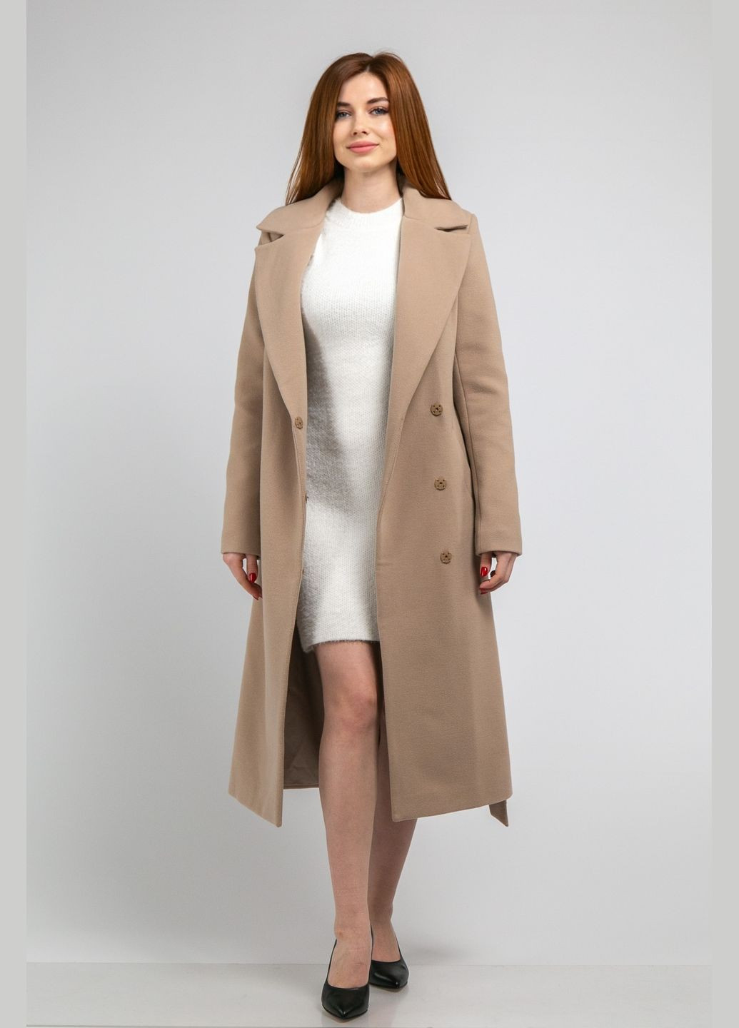 Бежевое демисезонное Светлое осеннее пальто под пояс из кашемира бежевого цвета CHICLY
