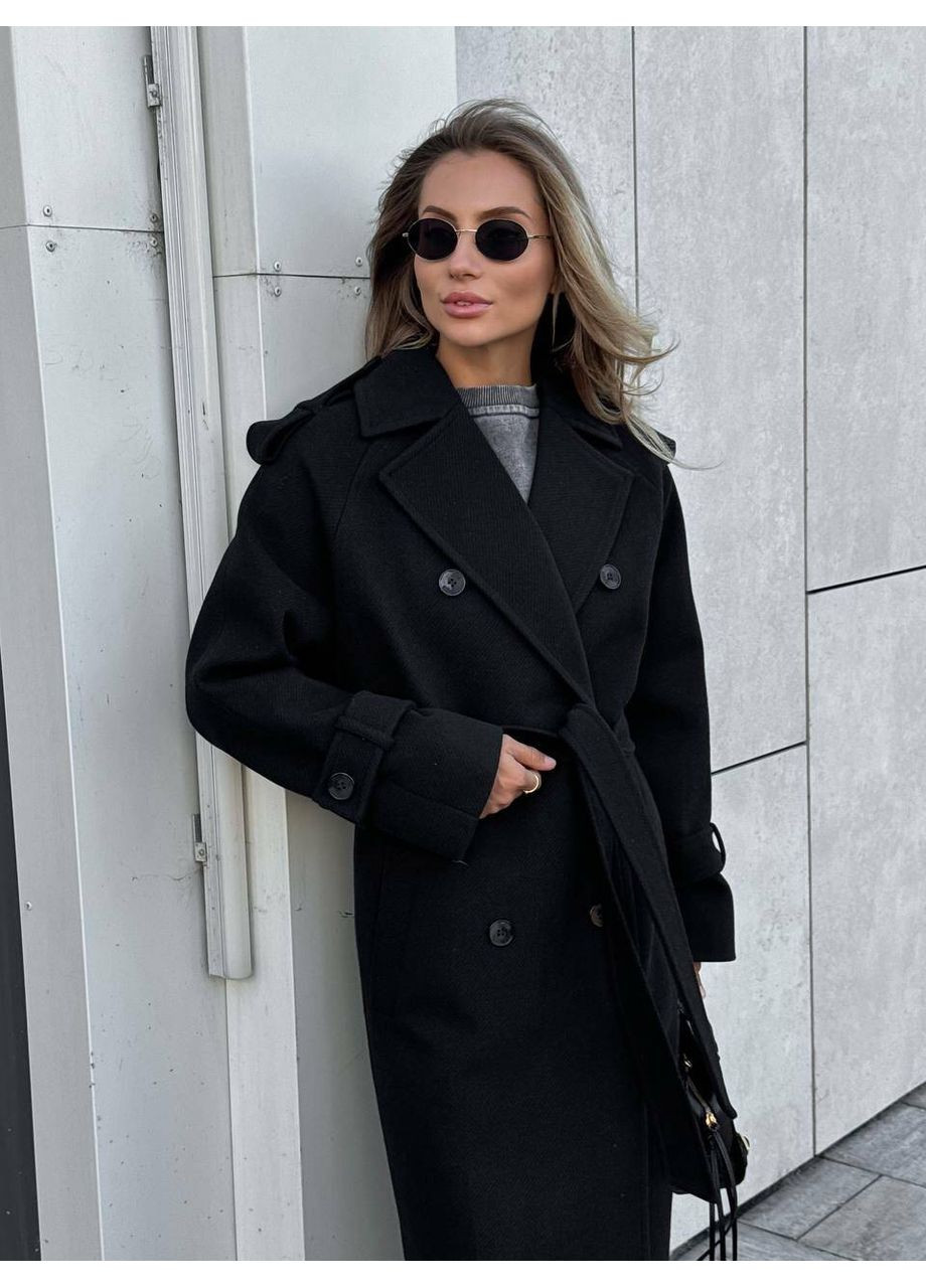 Чорне демісезонне Жіноче двобортне оверсайз пальто ПАТІ з кишенями (mil576) milirud