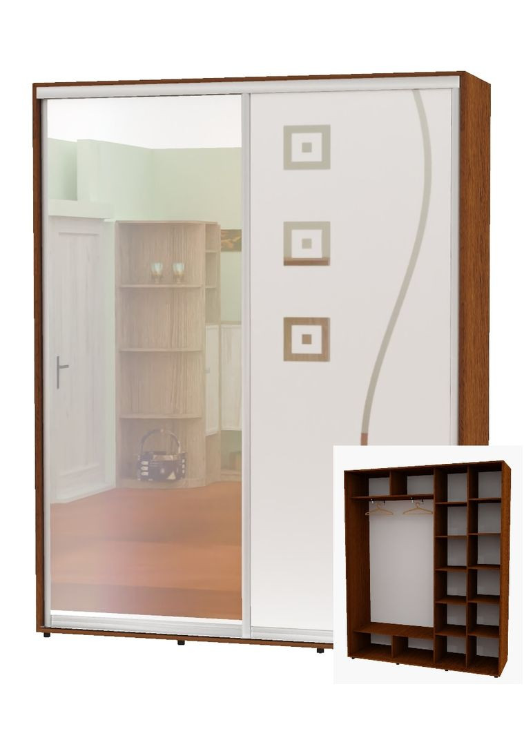 Шкаф-купе двухдверный 210*45*240 Орех лесной Зеркало/Зеркало с пескоструйным рисунком Алекса (360440782)