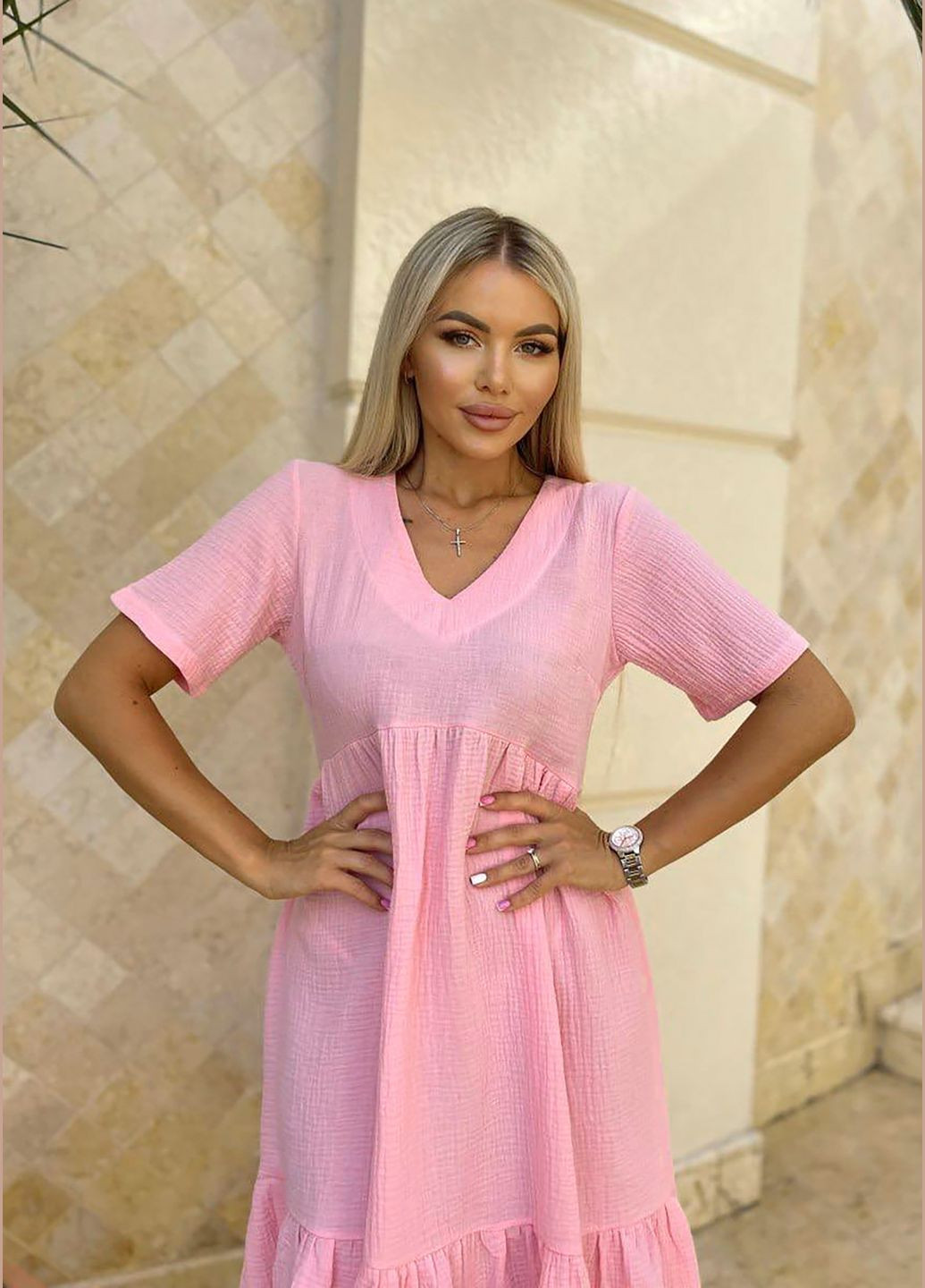 Рожева коктейльна, повсякденний, джинсова, вечірня, кежуал сукня з жатки «сонячна ніжність» INNOE однотонна