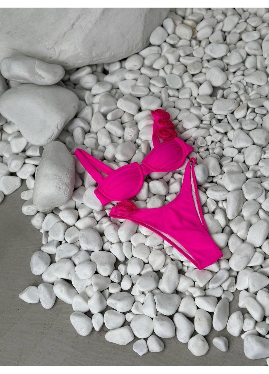 Розовый летний женский купальник с цветочным декором / женский яркий купальник розовый с цветком / раздельный женский купальник No Brand