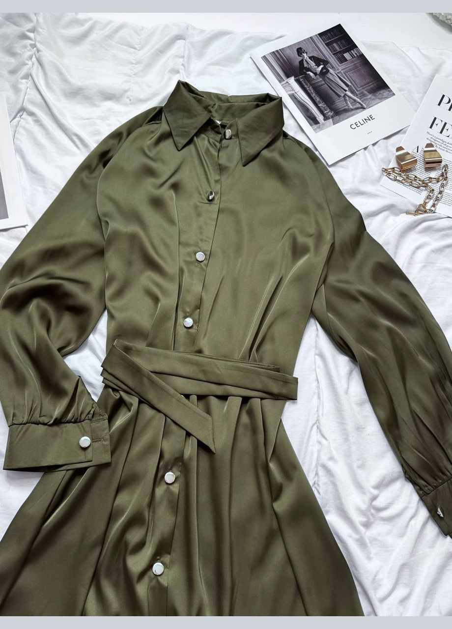 Оливкова кежуал сукня з поясом з шовку сукня-сорочка Adelante однотонна