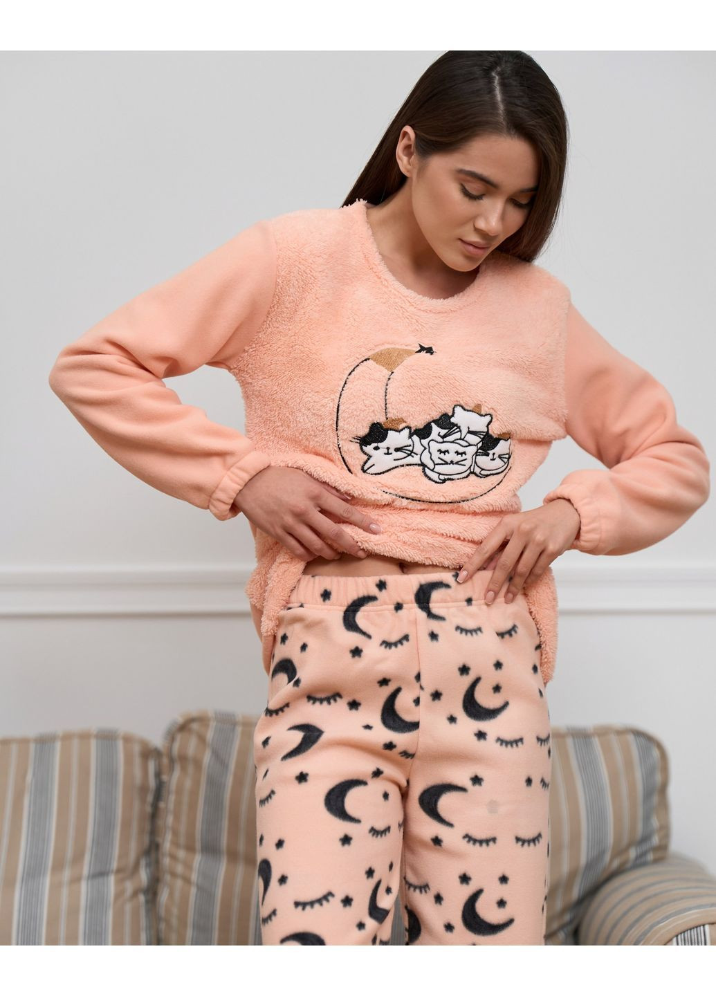 Персикова зимня піжама жіноча тепла фліс+велюрсофт котики розмір s, m, l, xl кофта + брюки Lady Secret