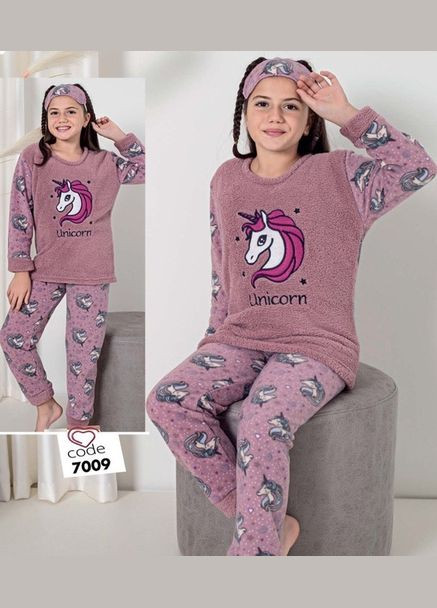 Пудровая зимняя пижама утепленная розовая "unicorn" для девочки minimoon лонгслив + брюки Mini Moon