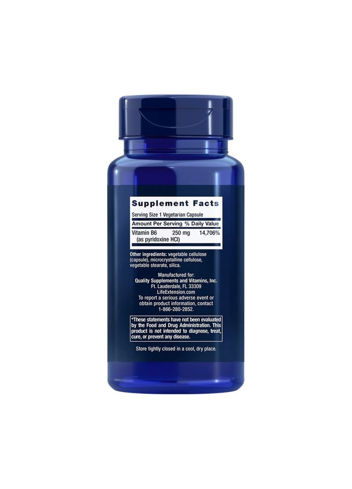 Вітамін В6 (піридоксин HCl) Vitamin B6 250 mg, 100 вегакапсул Life Extension (322293931)