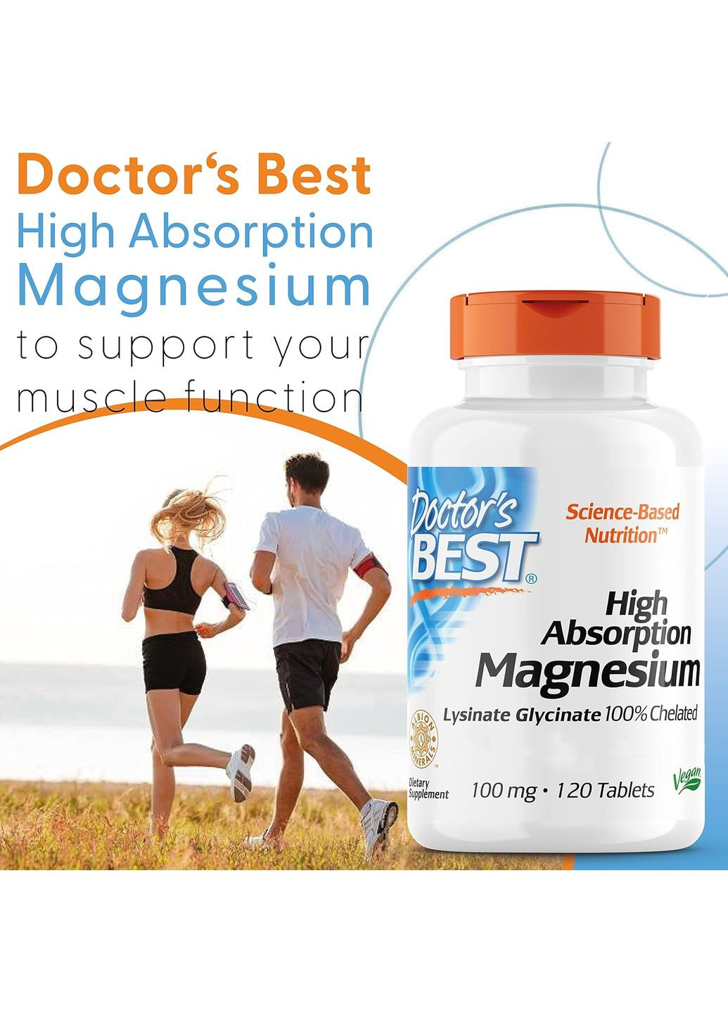 Магній хелат High Absorption Magnesium, Lysinate Glycinate 100% Chelated, 100 mg, 120 Tablets Doctor's Best (293508839)