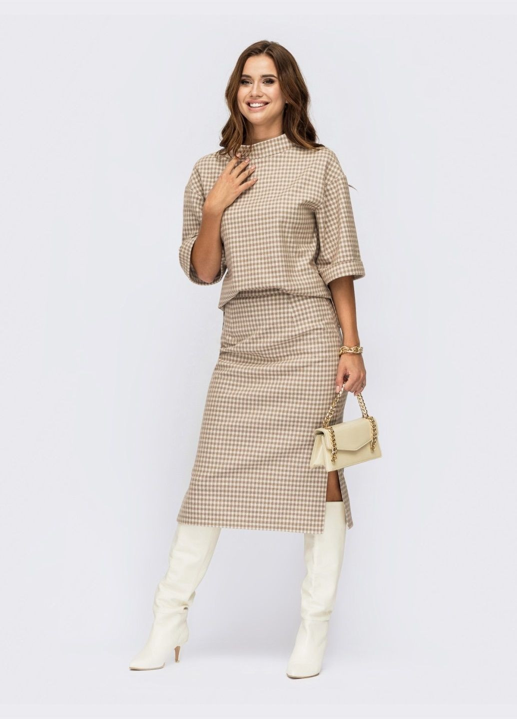 бежевий костюм в клітинку з джемпера та спідниці з розрізами Dressa (371915092)
