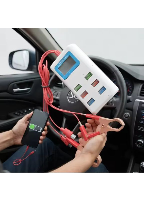 Зарядний пристрій із затискачами-крокодилами 12–24V із 6 USB-портами та LCD-дисплеєм (колір випадковий) No Brand (373004662)