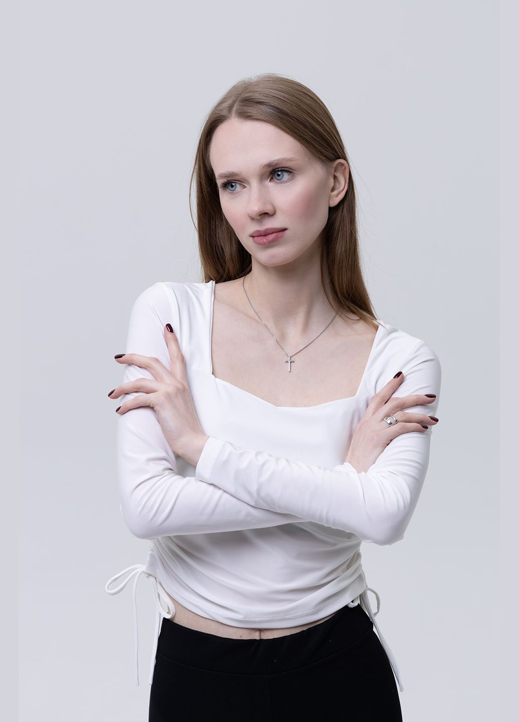Молочна жіноча блуза з довгим рукавом колір молочний цб-00233762 TILLE