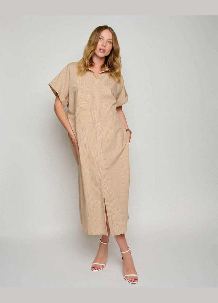 Голубое платье женское летнее бежевое в полоску меди mklt3140-2 Liture