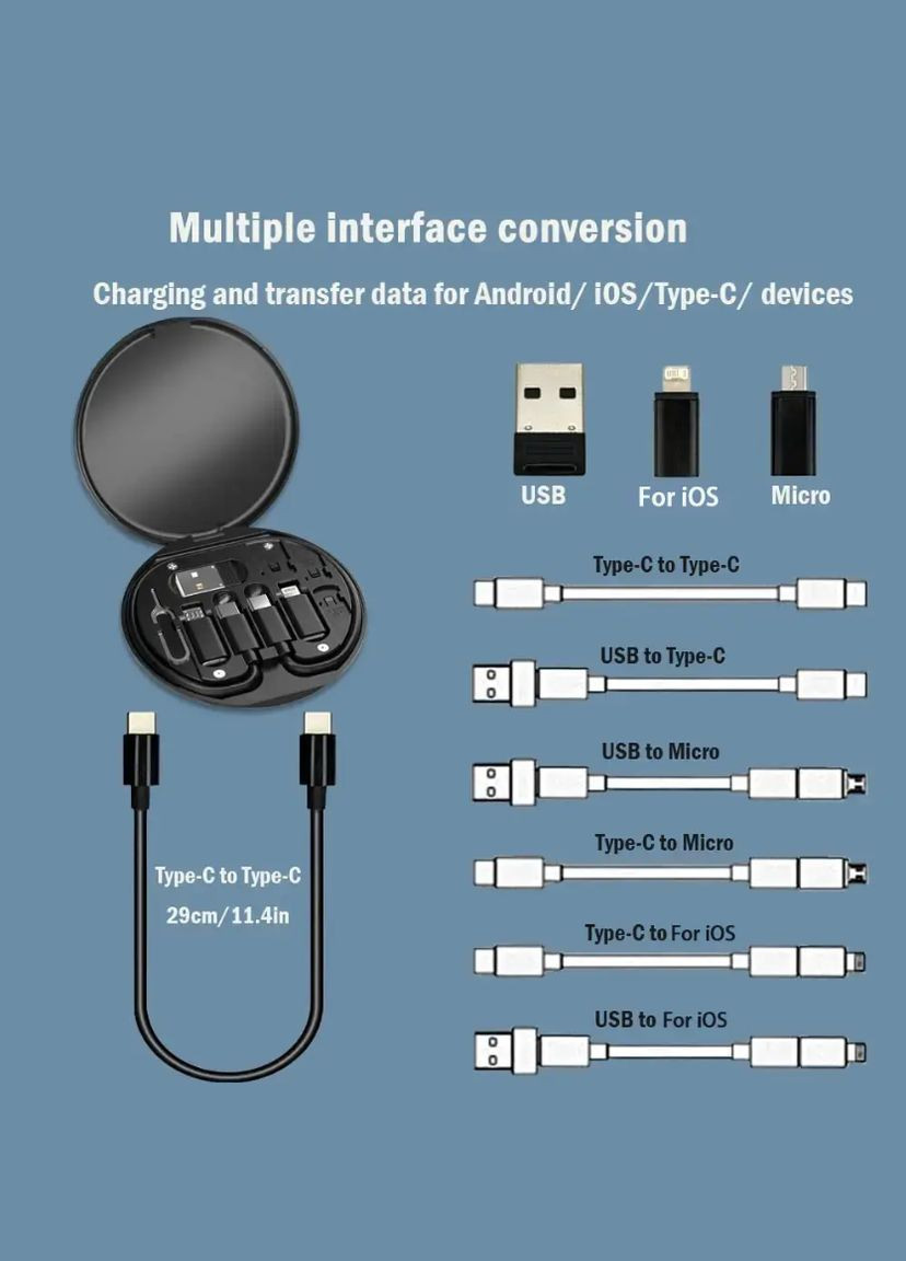 Багатофункціональний USB-кабель 60 Вт з насадками та скрепкою в кейсі, портативний набір для телефону, кабель швидка зарядка No Brand (330758162)