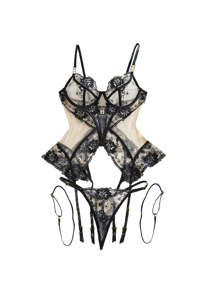 Черный демисезонный комплект женского нижнего белья lock кружевом с пояском и гартерами черный No Brand Комплект нижньої білизни Lock