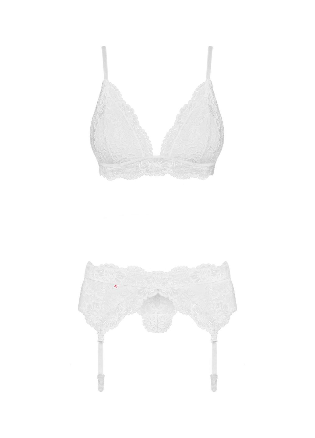 Белый демисезонный кружевной комплект белья 810-seg-1 white, бюстгальтер, стринги, пояс для чулок Obsessive