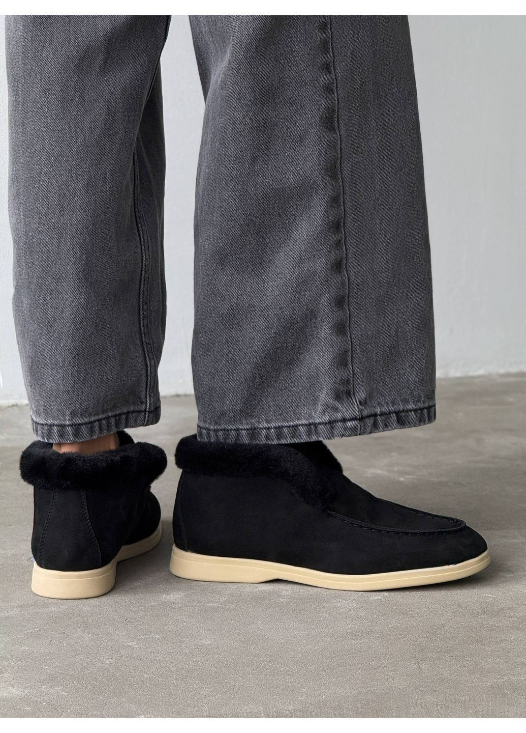 женские зимние лоферы из натуральной замши с мехом, черные, на низком ходу No Brand