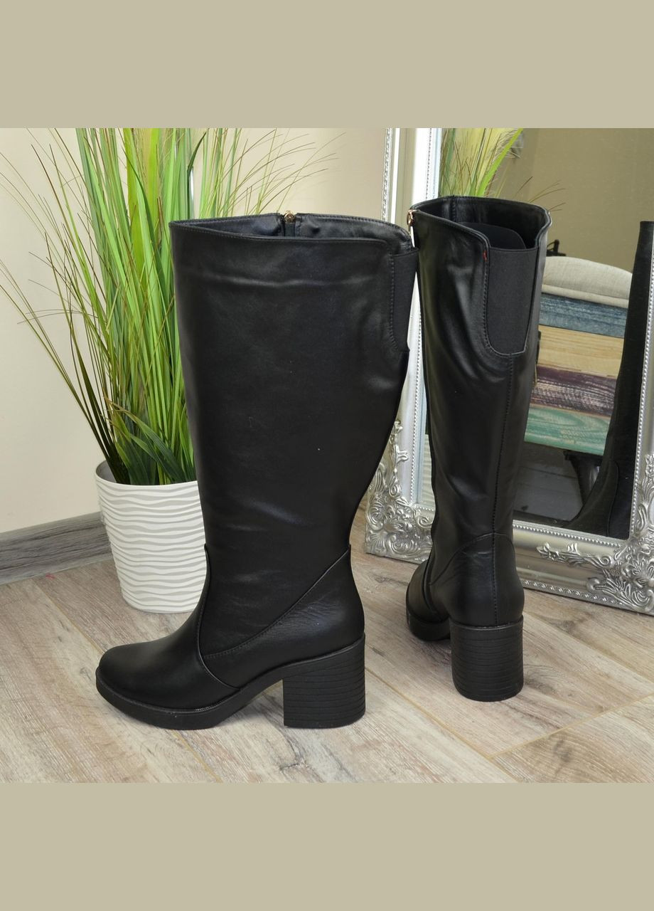 Чоботи чорні шкіряні жіночі з широким гомілкою. 38 розмір, гомілка 50 см Vasha para (303931958)