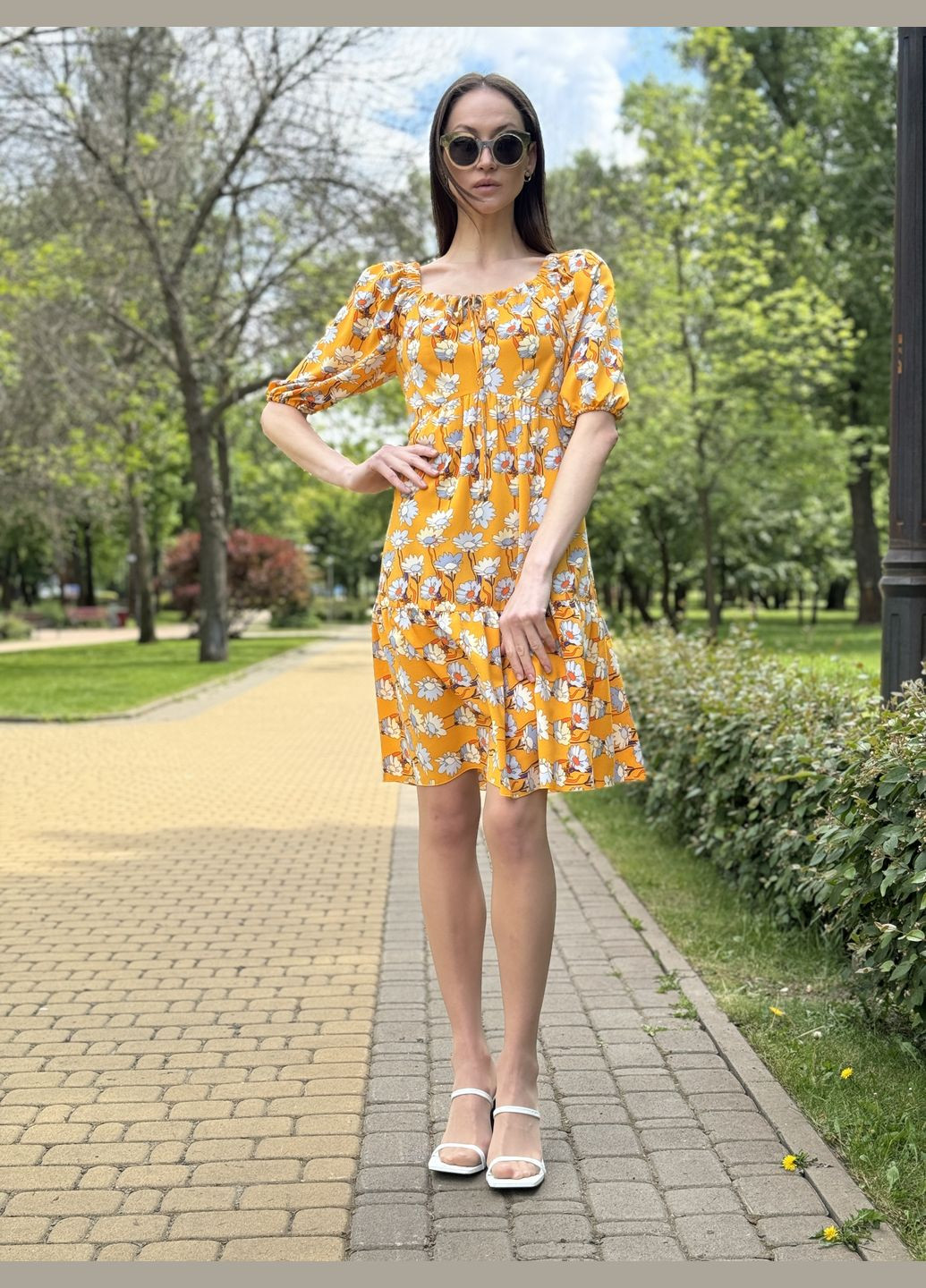 Жовтий жовта яскрава сукня з віскозного шифону з квітковим принтом 5774 Cat Orange