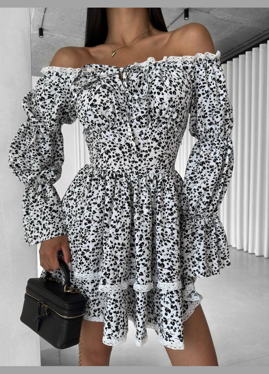 Білий повсякденний сукня з пишною спідницею та мереживом кльош Adelante в горошок