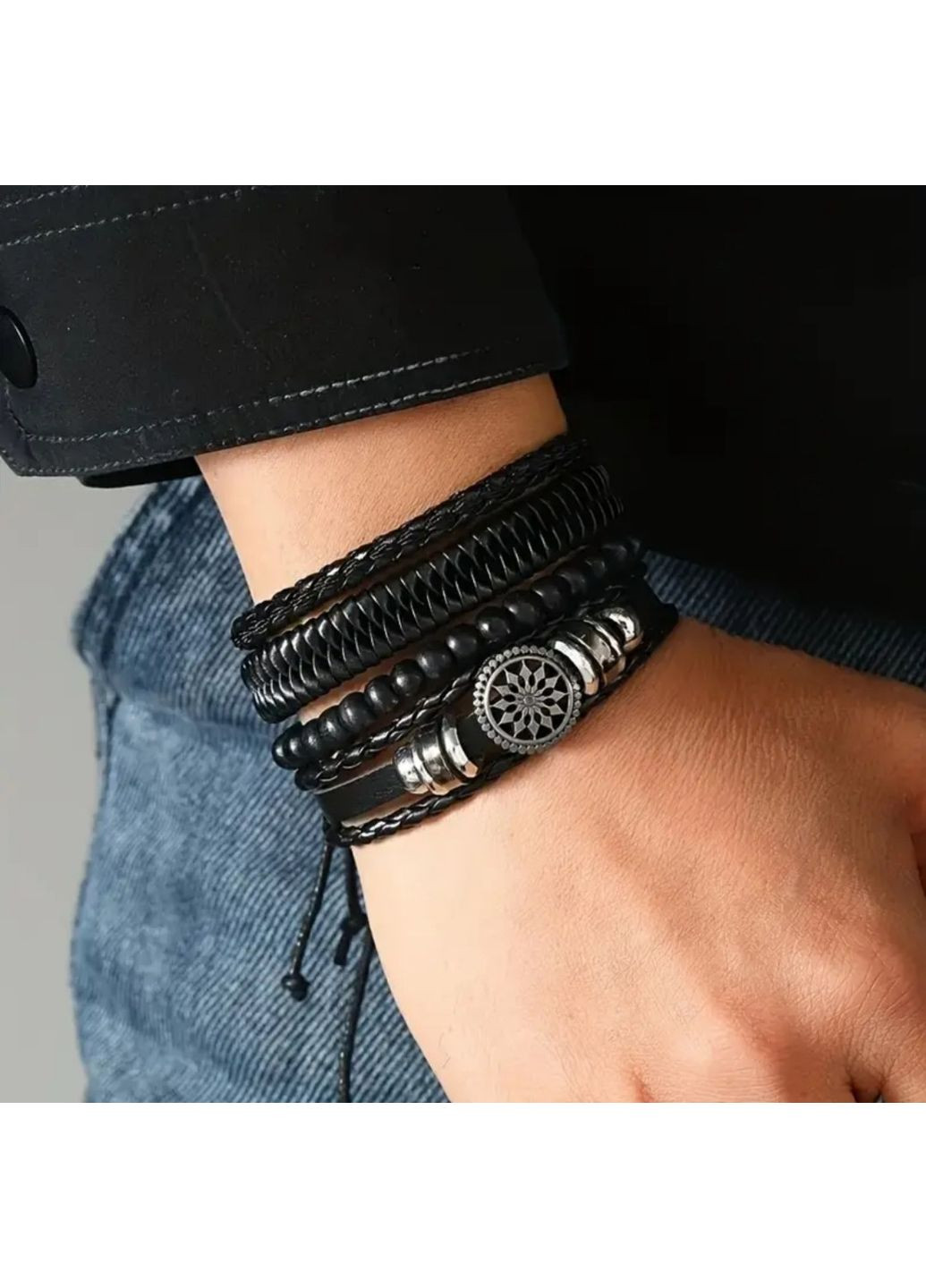 Набір браслетів чоловічих плетених шкіряних універсального розміру з металевими вставками No Brand (362135521)