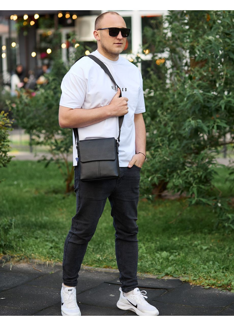 Кожаная мужская сумка-мессенджер 21х23х5.5, сумка планшет через плечо 48450 черная Tiding Bag (370159503)