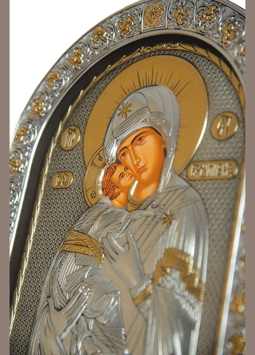 Володимирська 21х26 см Срібна Ікона Божої Матері під Склом, обгорнута темною шкірою (Греція) Silver Axion (266266211)