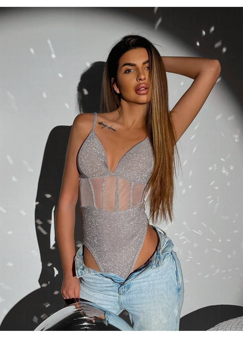 Праздничный серебряный боди с имитацией корсета Adelante (370641013)