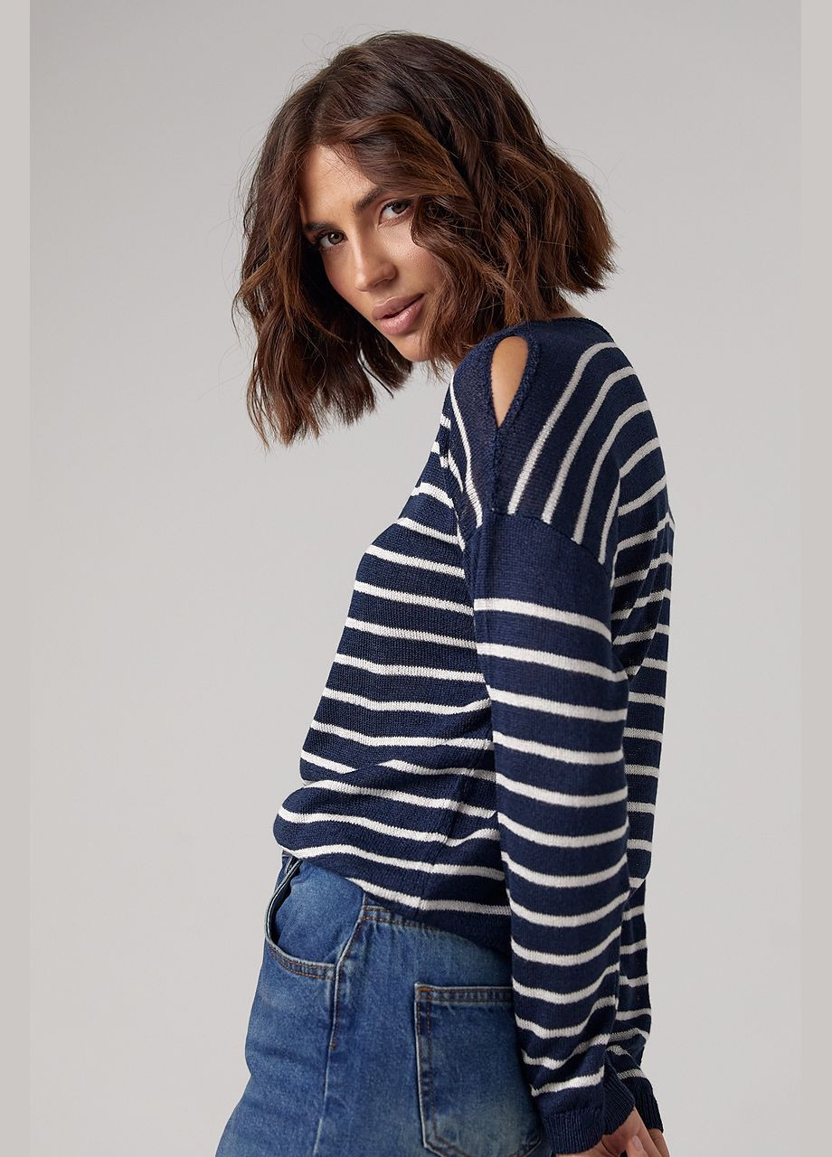 Темно-синій демісезонний жіночий смугастий лонгслів із розрізами на плечах - бежевий колір, one size (sku_241048) No Brand