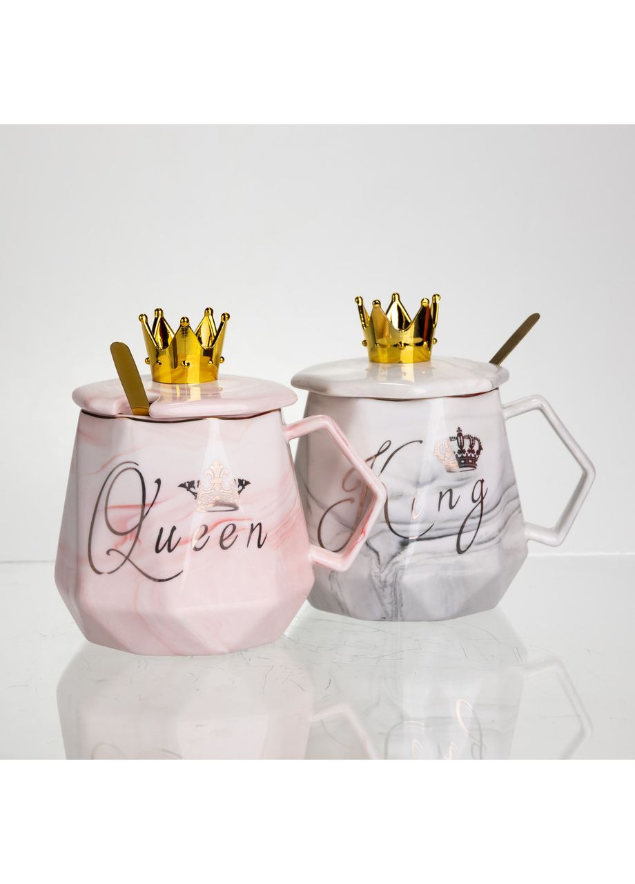 Набір парних порцелянових чашок Queen&King 2 (шт) по 400 (мл) чашки на подарунок із кришкою та ложкою FM-30 (A-047538) Yiwu (370381743)