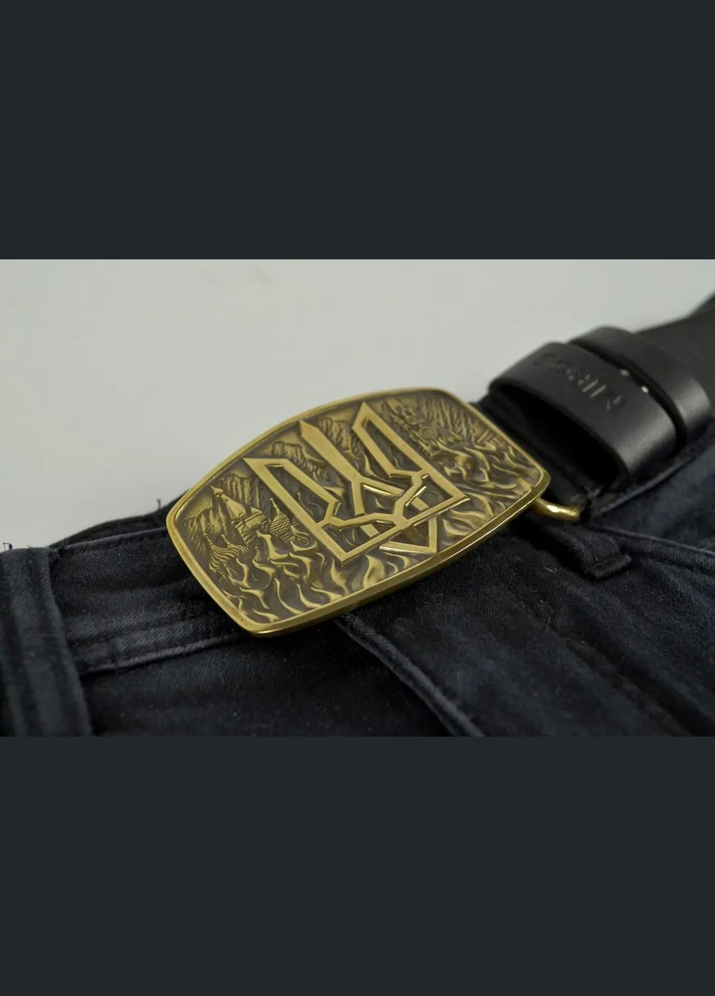 Чоловічий ремінь з гербом України з натуральної шкіри з латунною пряжкою Чорний Handmade 205-001-017 (345646799)