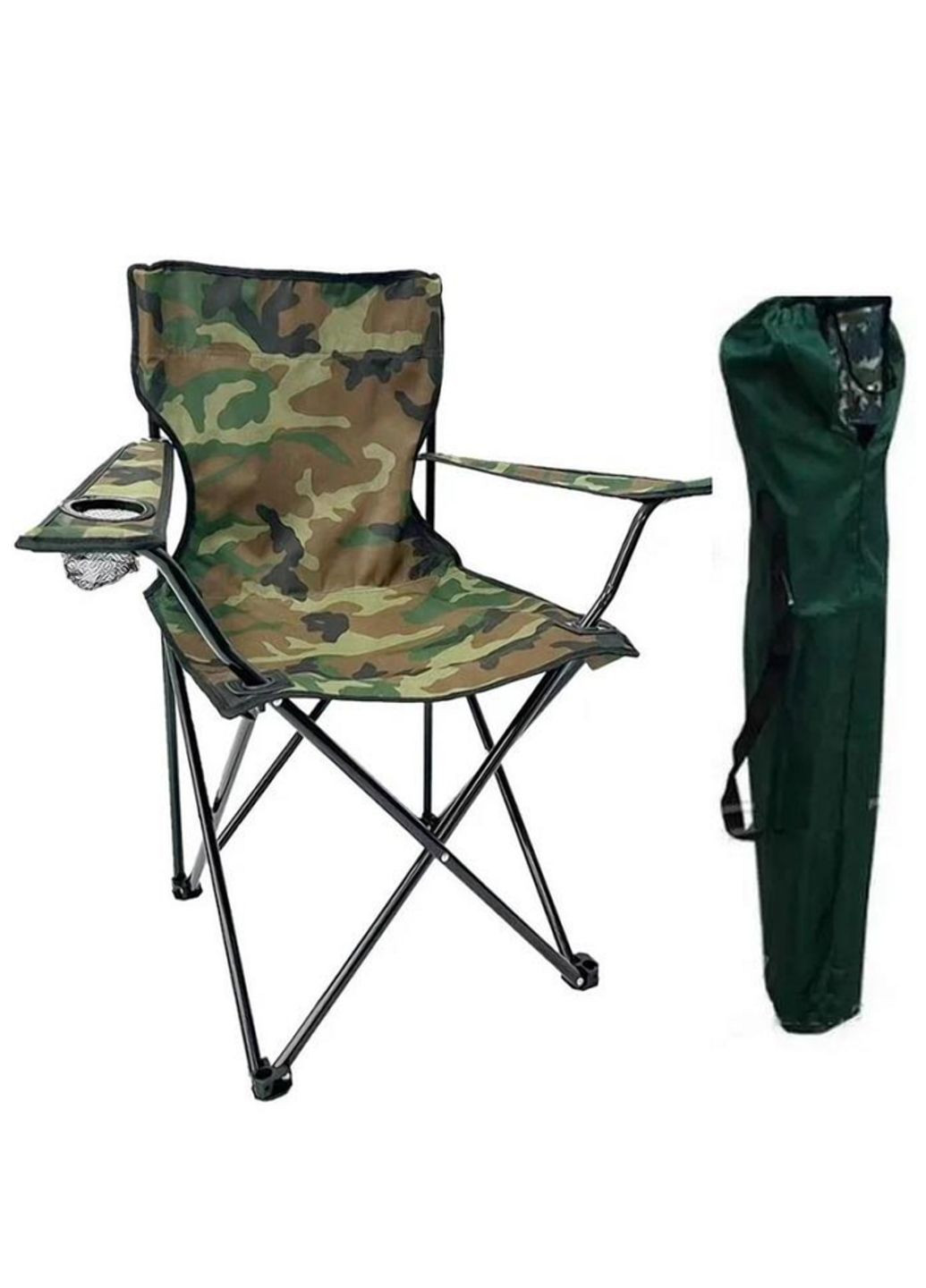 Стілець розкладний туристичний для риболовлі та пікніка зі спинкою з підлокітниками та підсклянником з чохлом Камуфляж More Стул раскладной (311667387)