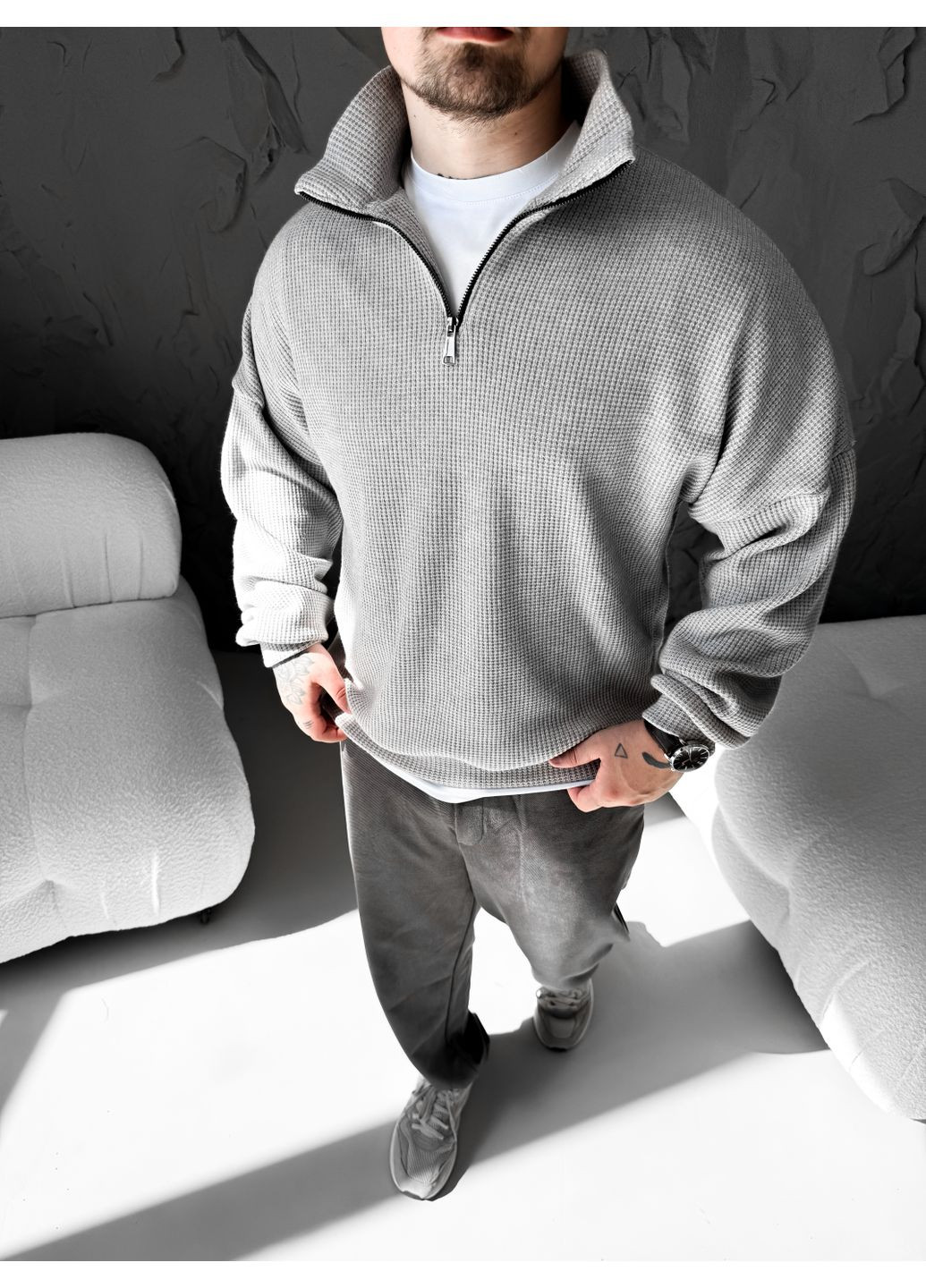 Сірий стильний чоловічий светр на блискавці Vakko