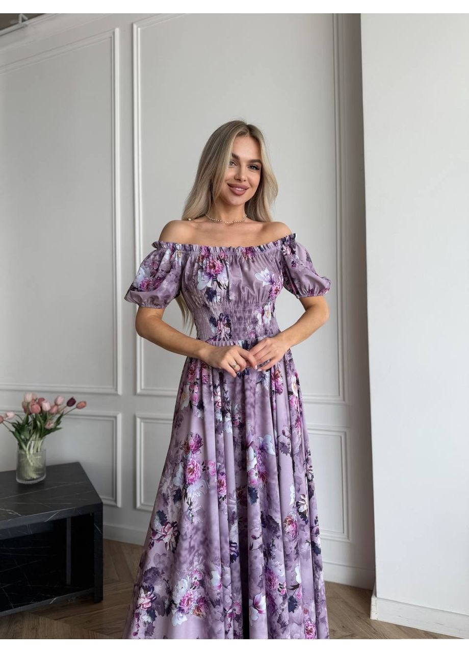 Світло-фіолетова святковий, повсякденний, вечірня, пляжна, кежуал жіноча довга сукня з відкритими плечима Vakko з квітковим принтом