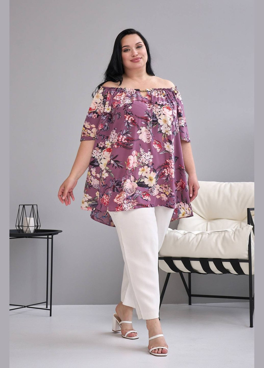 Тёмно-синяя расклешенная блуза сильва сиреневая 58 Tatiana