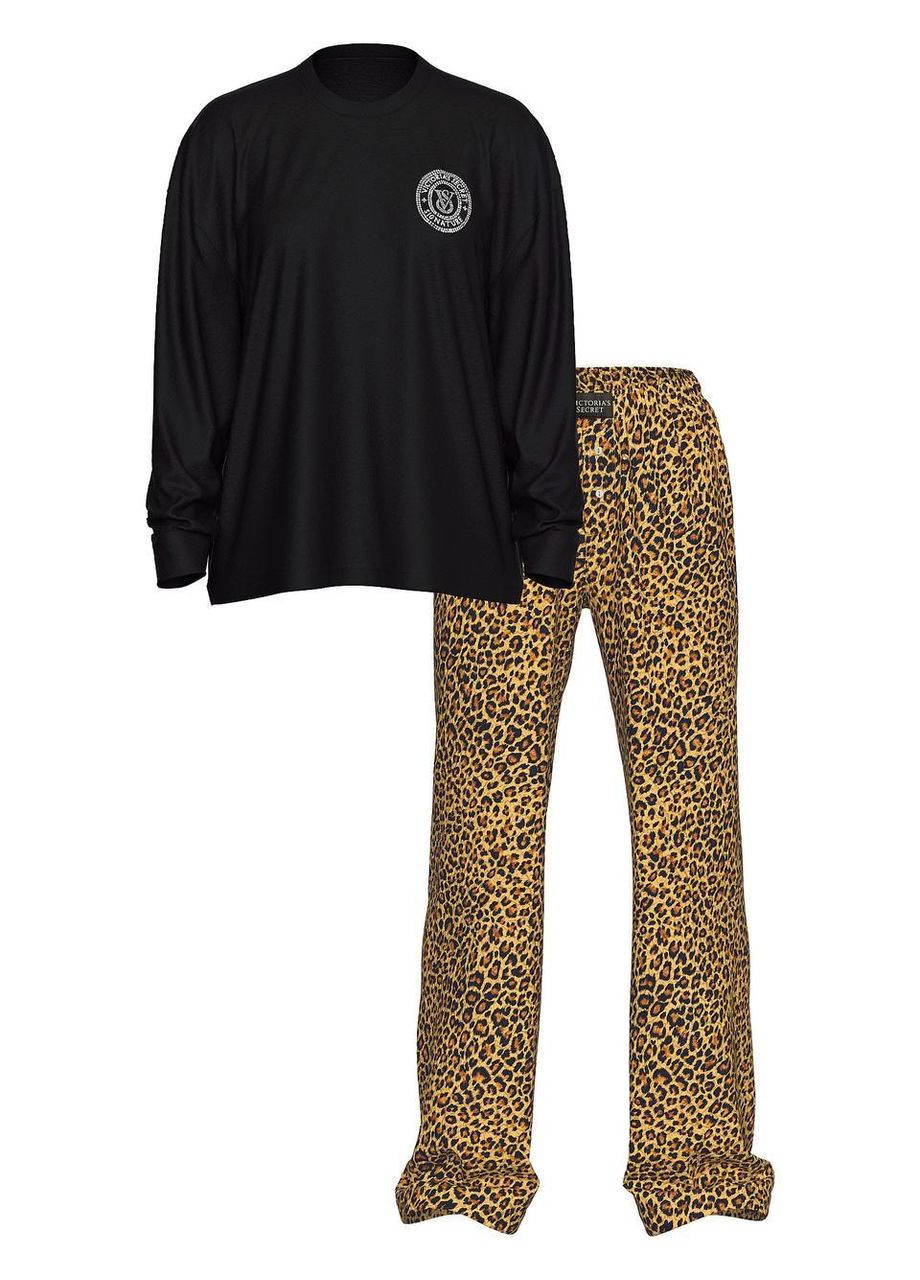 Черная всесезон женская пижама (штаны+лонгслив) flannel long-sleeve l черная леопардовый принт реглан + брюки Victoria's Secret